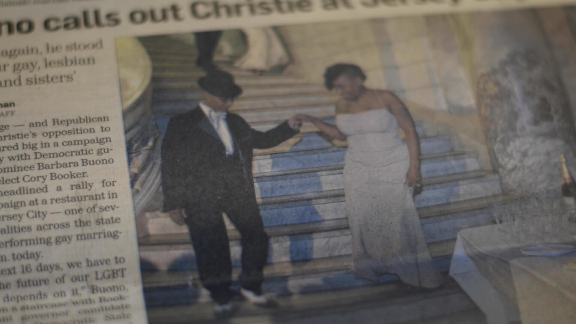 Newly-married couple, Lydia "Yayi" Torres and Jenelle "Gigi" Torres, walk down the steps of City Hall in Newark, NJ, just after midnight on October 21, 2013. They were among of the first same-sex couples to get legally married in New Jersey following the ruling in Garden State Equality v. Dow, which held that the state's marriage laws at the time did not treat same-sex couples equal to their opposite-sex counterparts.