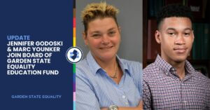 On the left is white and light blue text over a navy background: "Update Jennifer Godoski & Marc Younker join board of Garden State Equality Education Fund." On the right are two headshots, one of Jennifer and the other of Marc.
