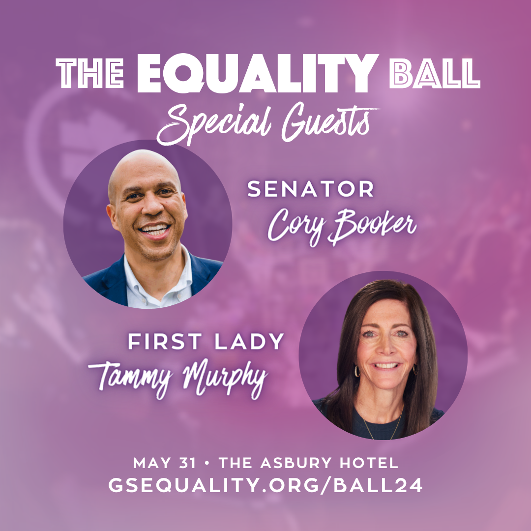 White sans serif and cursive text reads, "The Equality Ball Special Guests - Senator Cory Booker, First Lady Tammy Murphy - May 31, The Asbury Hotel - gsequality.org/ball24". Circular headshots of Sen. Booker and First Lady Murphy in front of purple backgrounds appear next to their names. All this is over a blurred, pink-tinted photo of the 2023 Equality Ball.